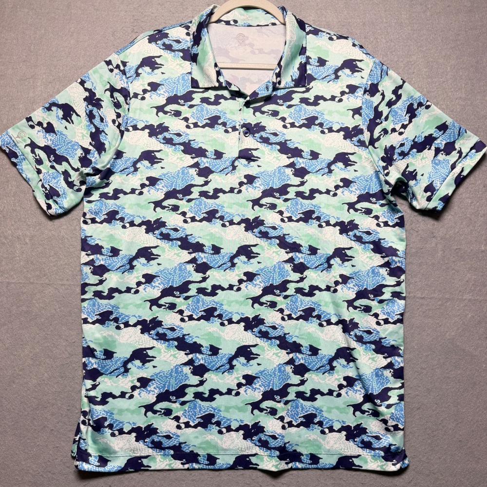 Caddy Cart‎ Mens Camo Snakeskin Performance Golf Polo Shirt Blue Mint Large